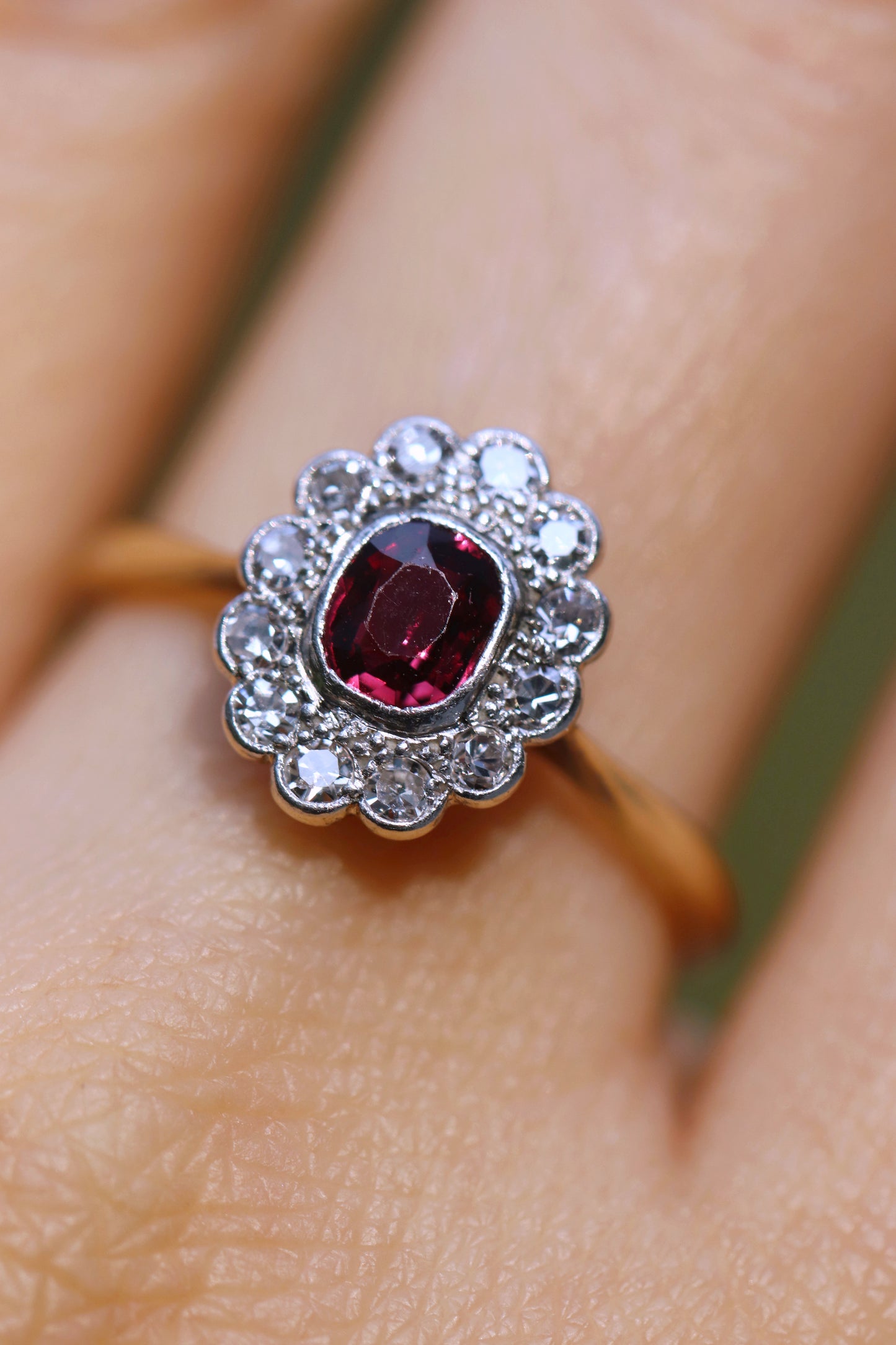 Edwardian Antique ring , unheated Ruby , diamonds encrusted frame