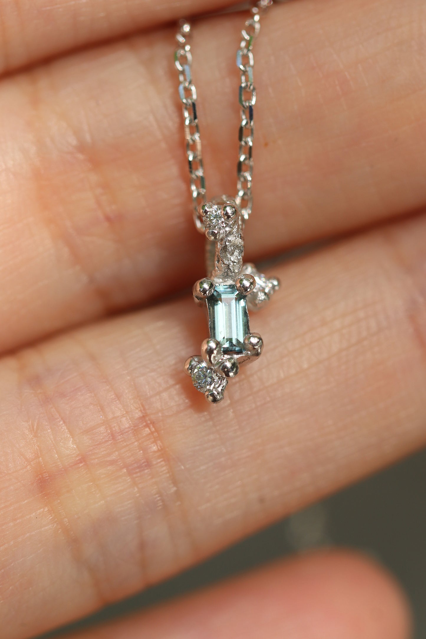 Hanging Baguette Sapphire Necklace (White Gold)