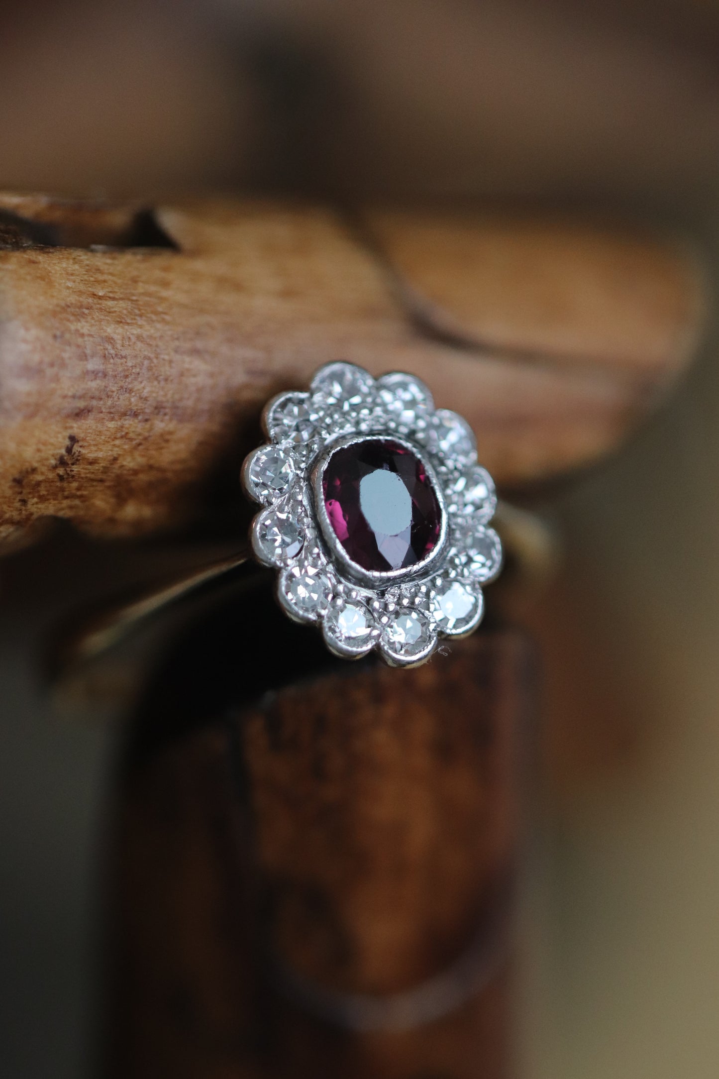 Edwardian Antique ring , unheated Ruby , diamonds encrusted frame