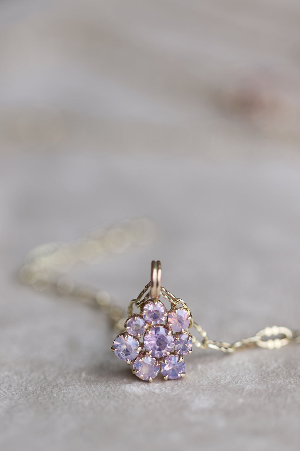 14k Yellow Gold Dreamy Sapphire III Stone Cluster Pendant Rose Water