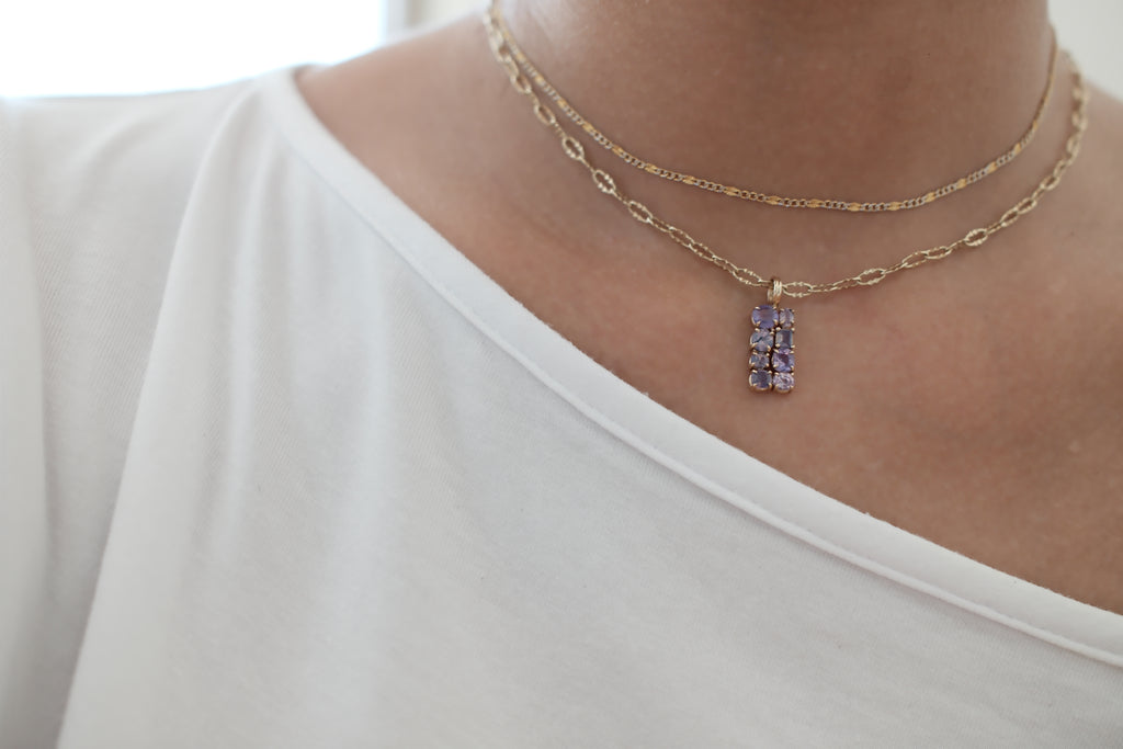 14k Yellow Gold Dreamy Sapphire III Stone Cluster Pendant Lilac