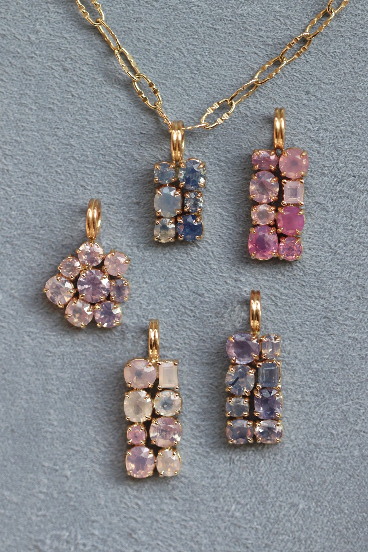 14k Yellow Gold Dreamy Sapphire III Stone Cluster Pendant Pastel Pink