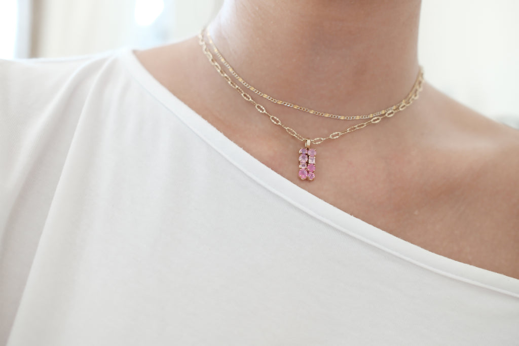 14k Yellow Gold Dreamy Sapphire III Stone Cluster Pendant Fuchsia Bloom