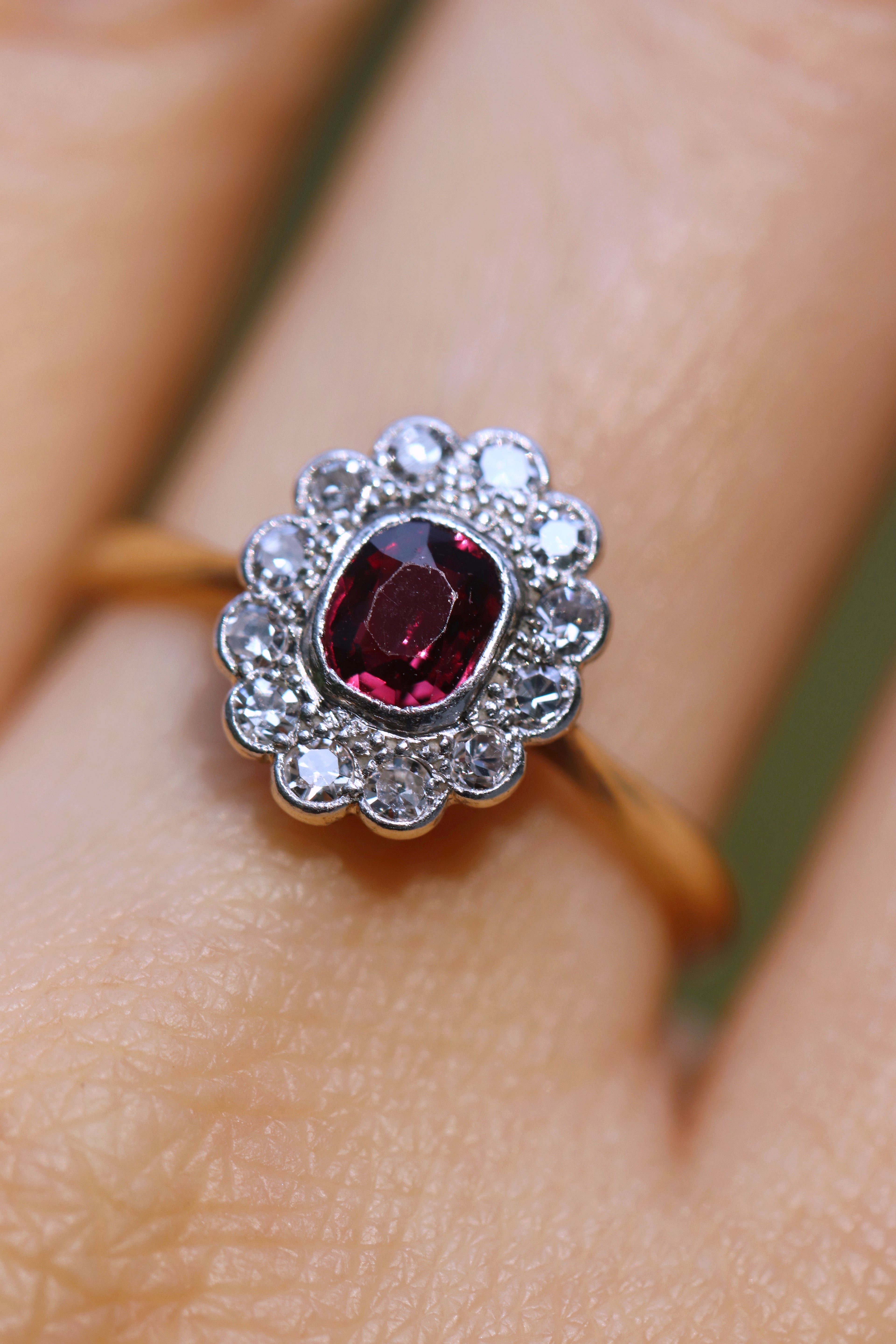 Edwardian Antique ring , unheated Ruby , diamonds encrusted frame