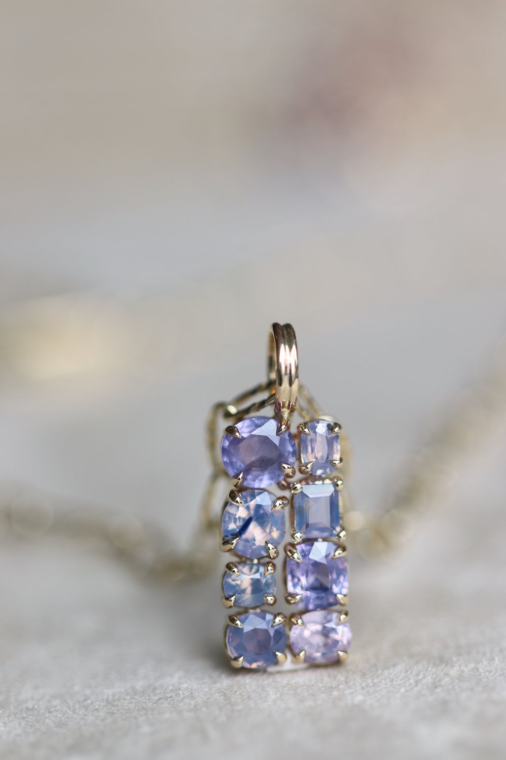 14k Yellow Gold Dreamy Sapphire III Stone Cluster Pendant Lilac