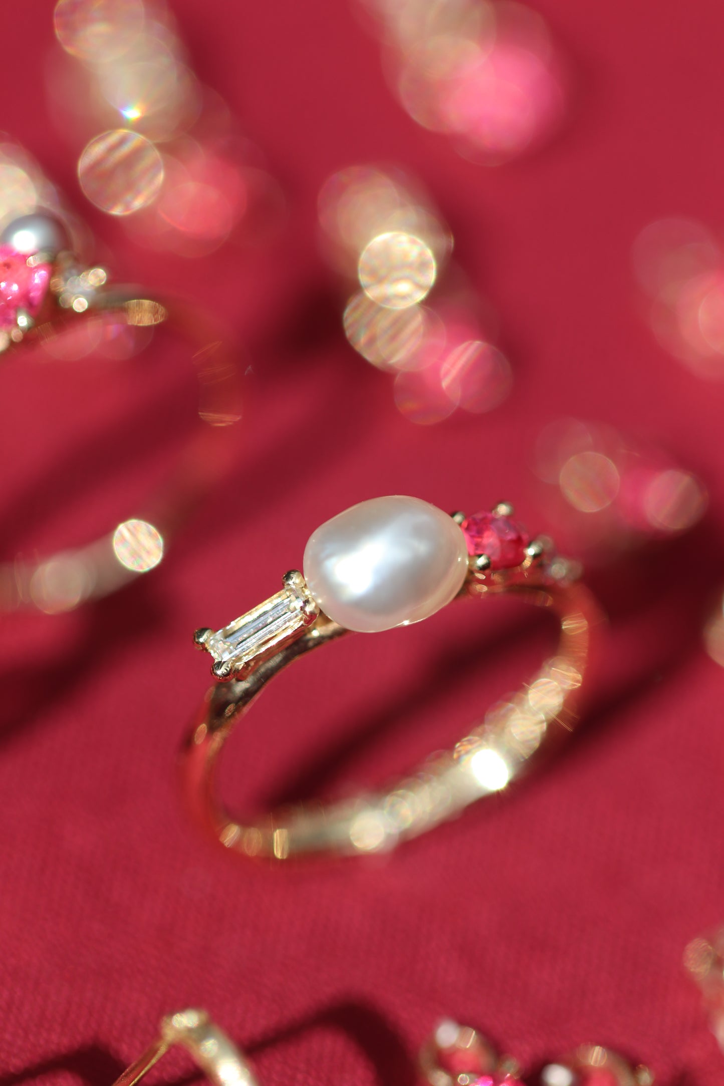 Natural wild pearl ( Danat cert) & Red/ Pink Jedi Spinel ring