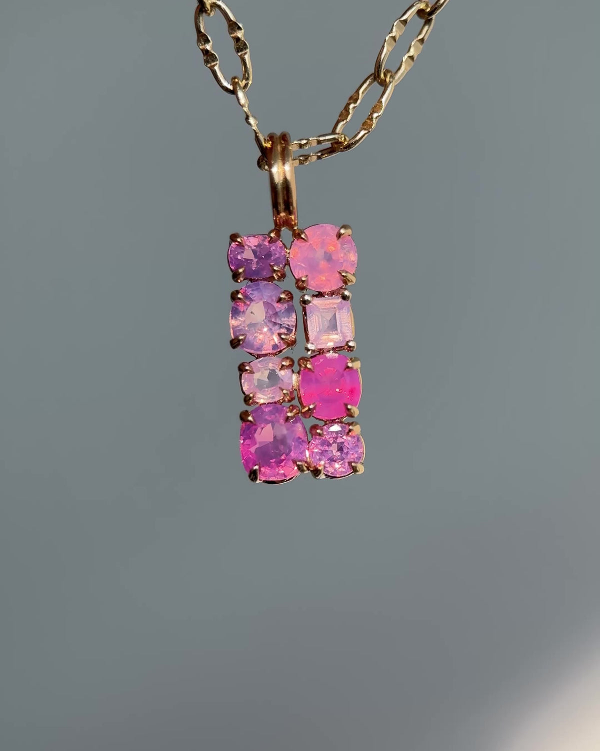 14k Yellow Gold Dreamy Sapphire III Stone Cluster Pendant Fuchsia Bloom