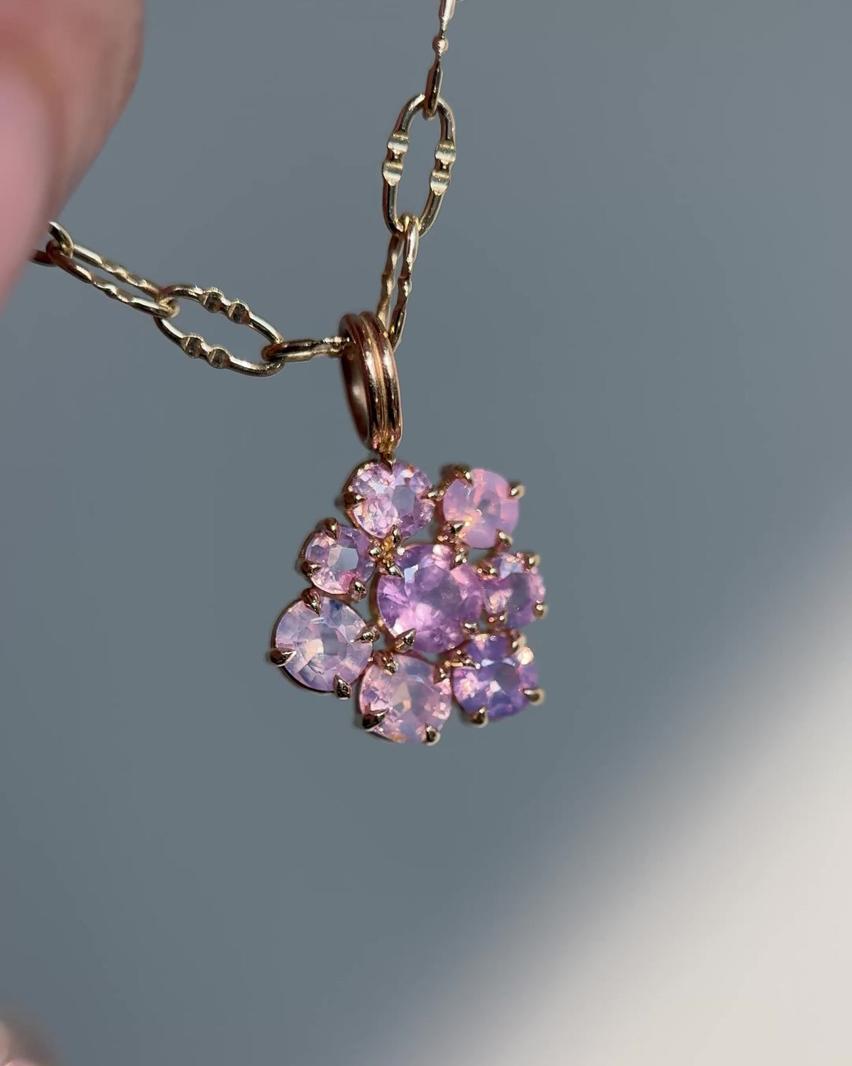 14k Yellow Gold Dreamy Sapphire III Stone Cluster Pendant Rose Water