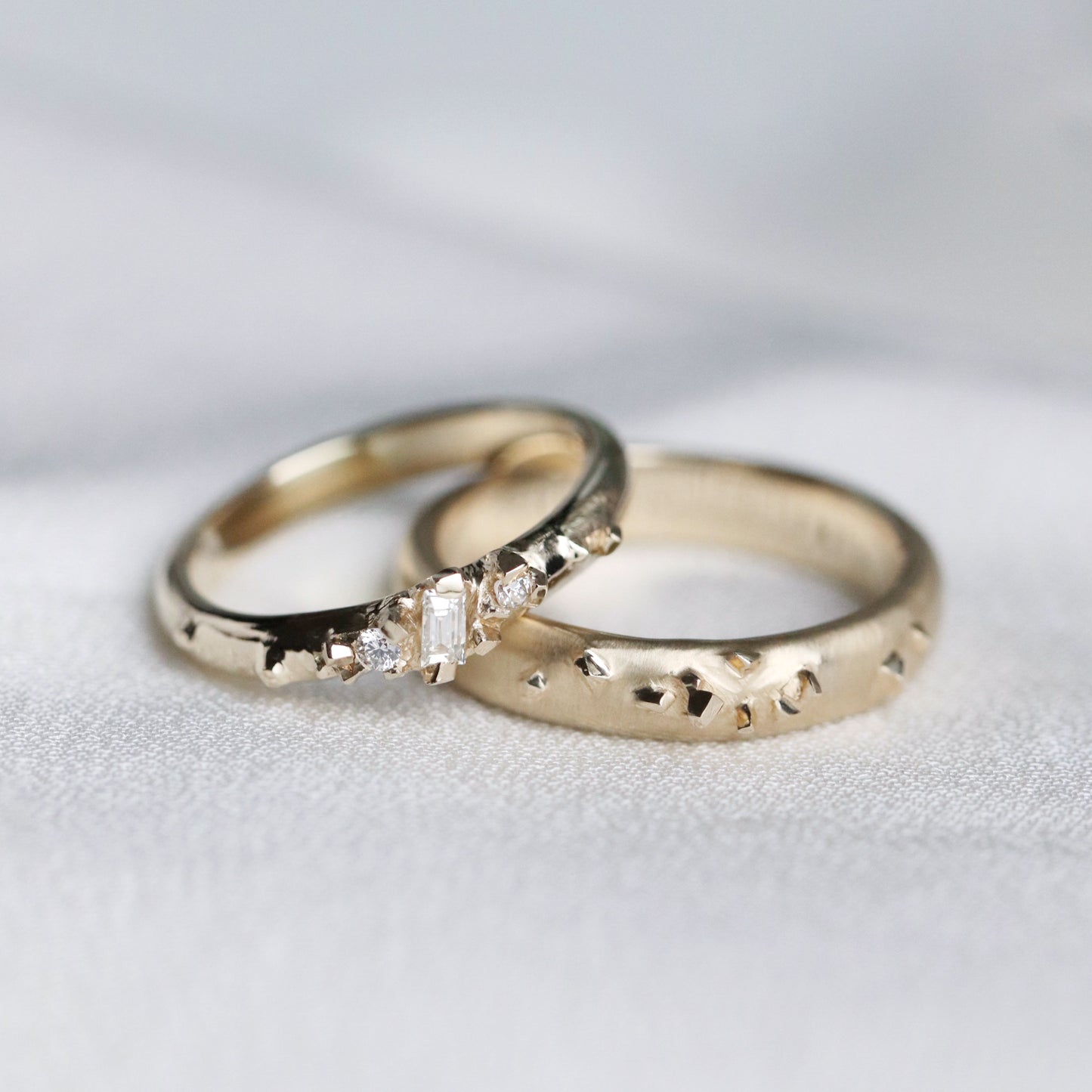 Wedding Bands - pyrite design with baguette diamond